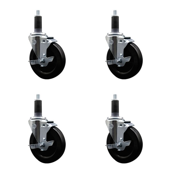 Service Caster 5'' SS Hard Rubber Swivel 1-1/8'' Expanding Stem Caster Set with Brake, 4PK SCC-SSEX20S514-HRS-TLB-118-4 - main